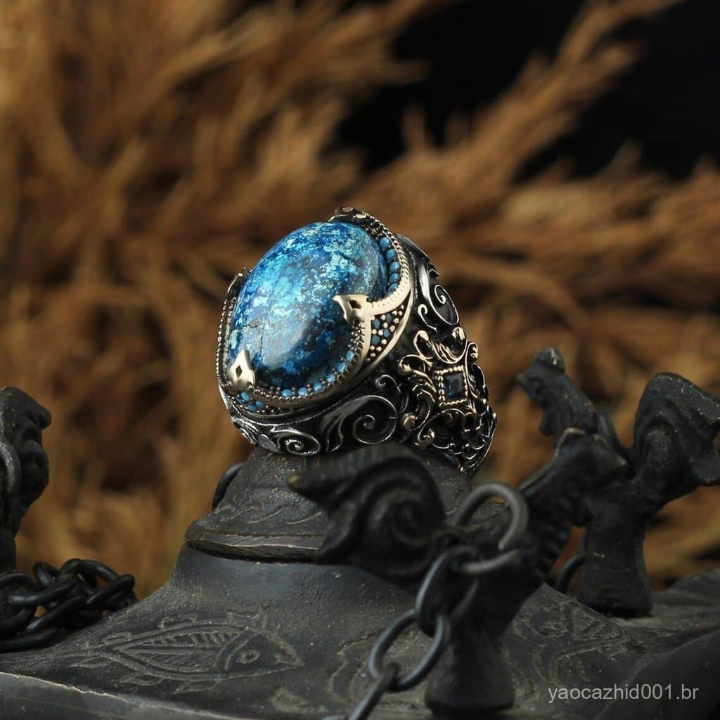 Vintage Handmade Turco Azul Escuro Zircão Anel de Pedra Prata Antiga Cor Padrão Anéis Para Homens Da Moda Islâmica