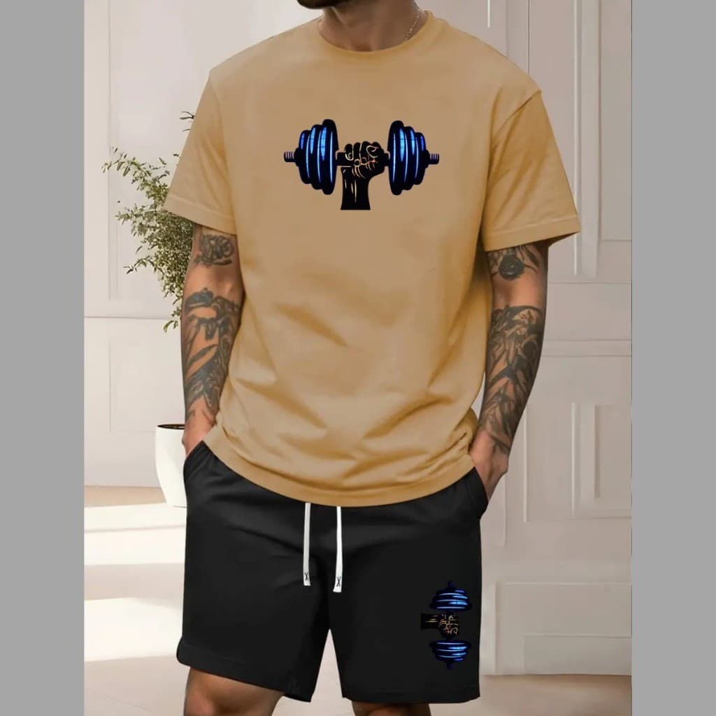 Conjunto casual masculino de duas peças, camiseta de manga curta com gola redonda e shorts Tectel com cordão e bolsos, r