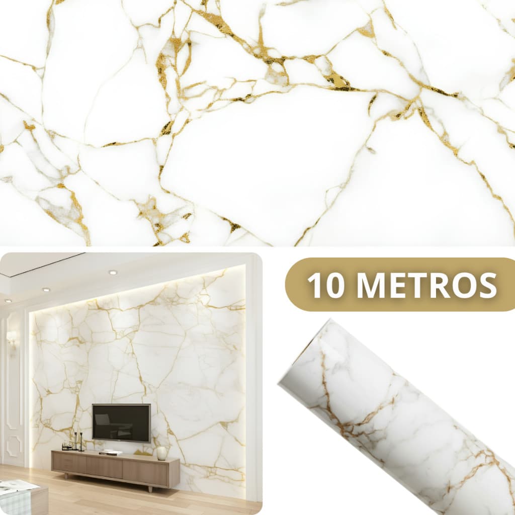 Papel Parede Marmorizado Dourado Premium 10 Metros Adesivo Autocolante Para Ambientes