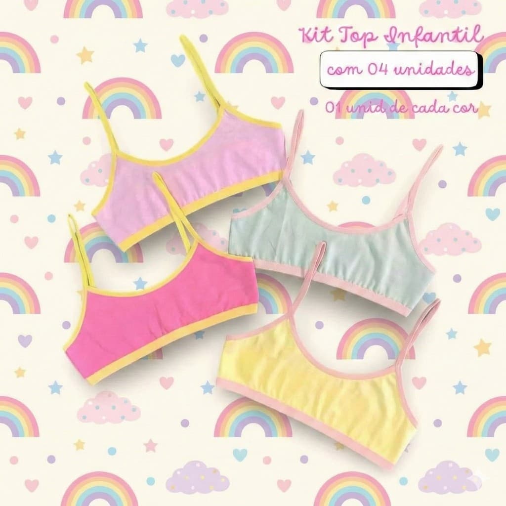 Kit com 4 Top Feminino Infantil Cotton Penteado Praia Estiloso Confortável 96% Algodão 4 %Elastano. M G GG.