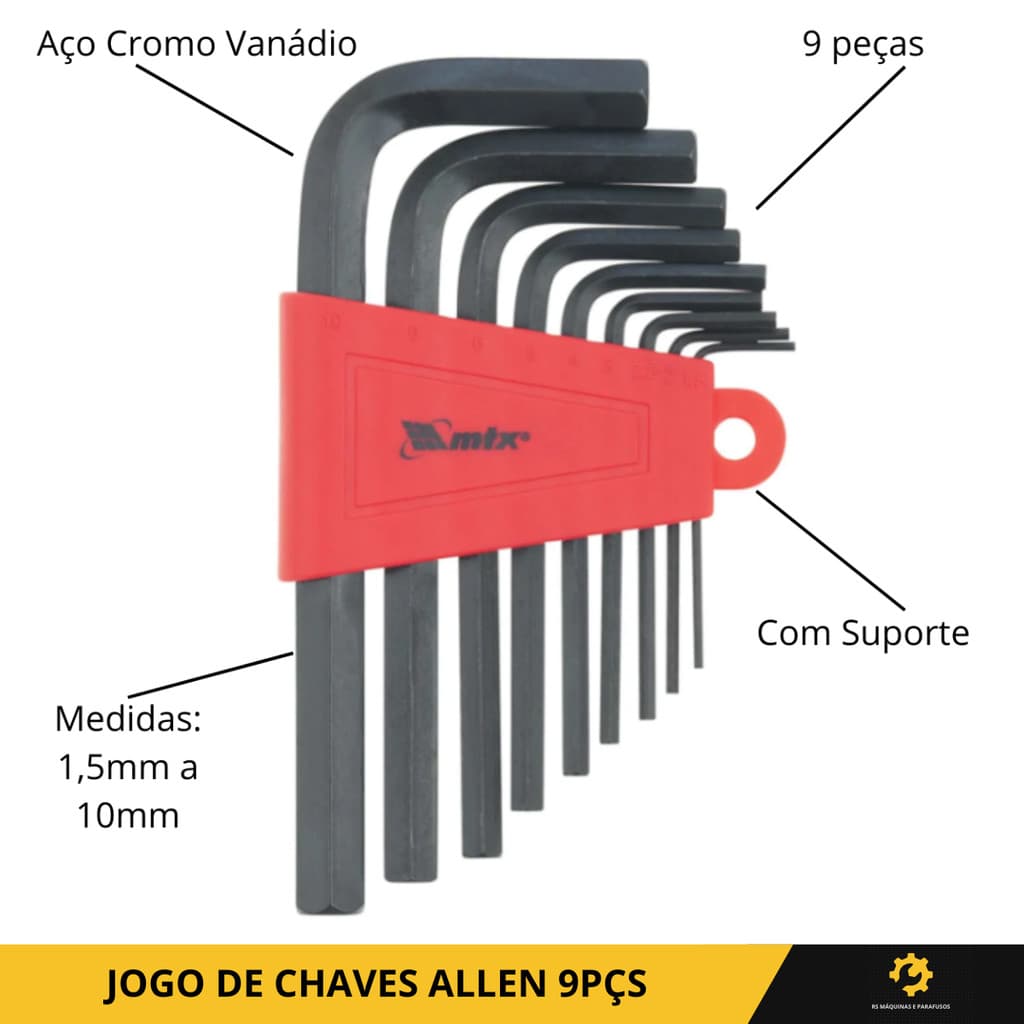 Jogo Chaves Allen MTX 1,5 a 10mm 9 Peças Curta Aço Preto com Estojo Modelo 112269