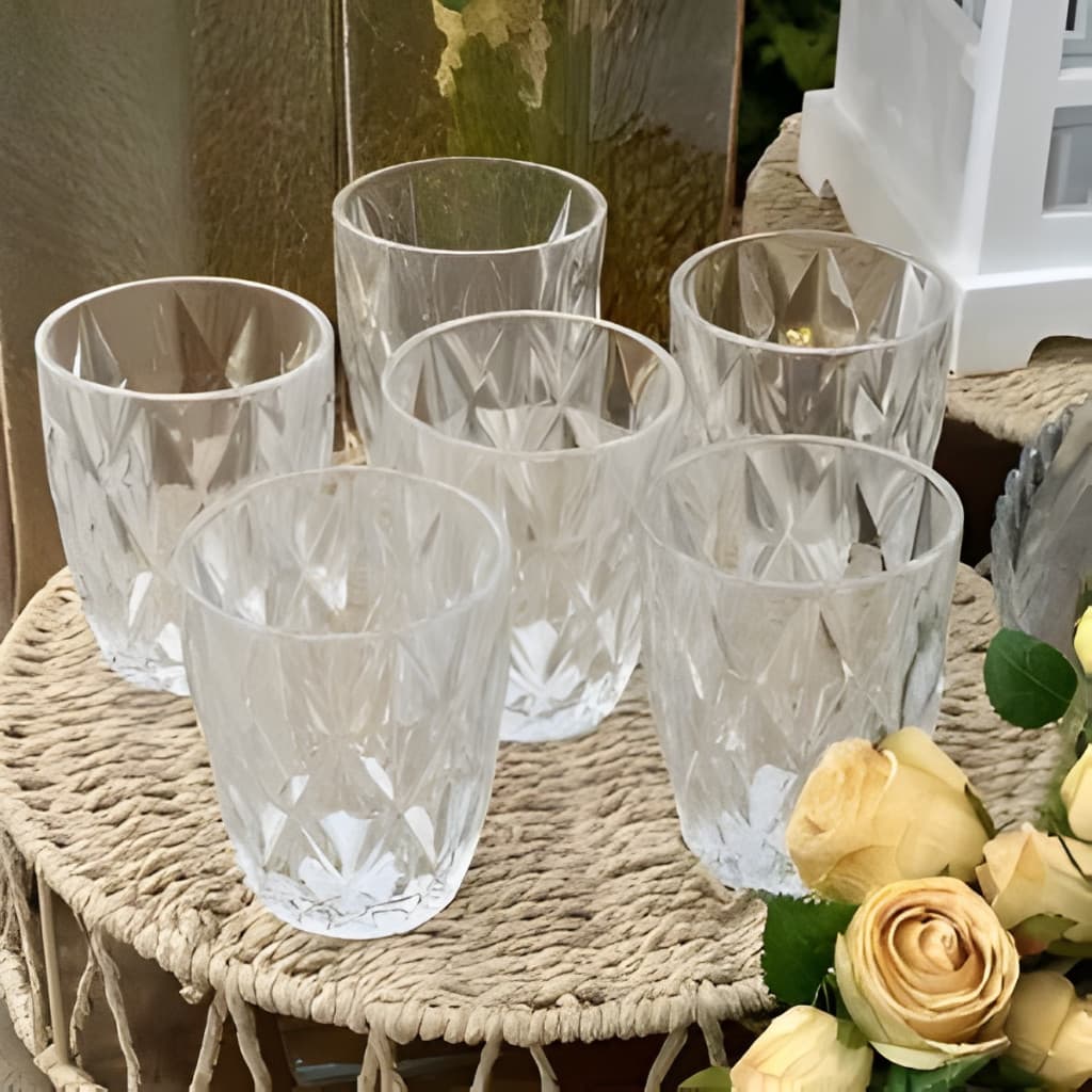 Conjunto 6 Copos Diamond 250ml de Vidro Trabalhado Estilo Luxo Moderno para Água e Suco