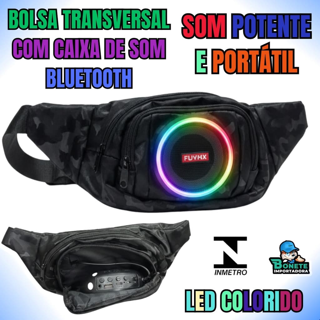 Pochete com Caixa de Som Bluetooth 35cm Som Potente com Luz LED RGB