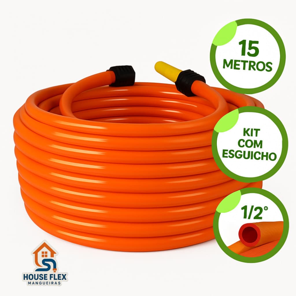 Mangueira de Jardim Laranja 100% Silicone Flexível 15 metros 1/2 Polegada Com Esguicho