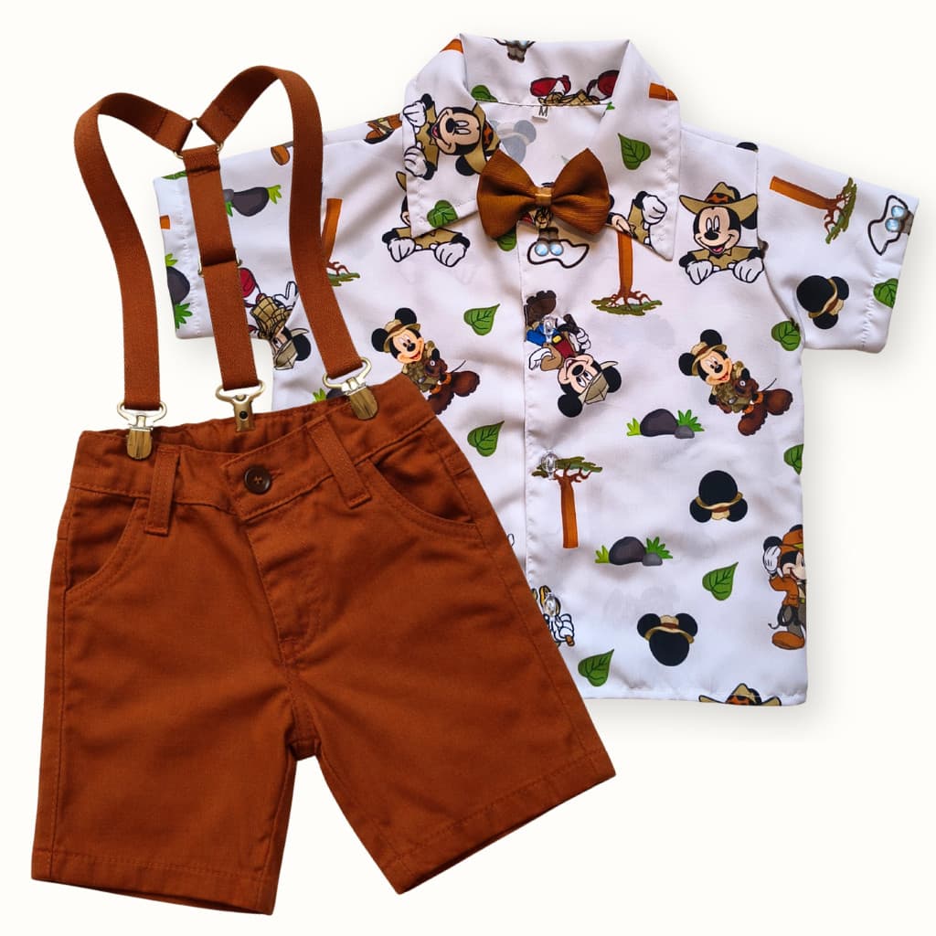 Conjunto  Mickey Safari Infantil Look Festa, Aniversário e Mesversário Roupa Temática Menino com Suspensório e Gravata