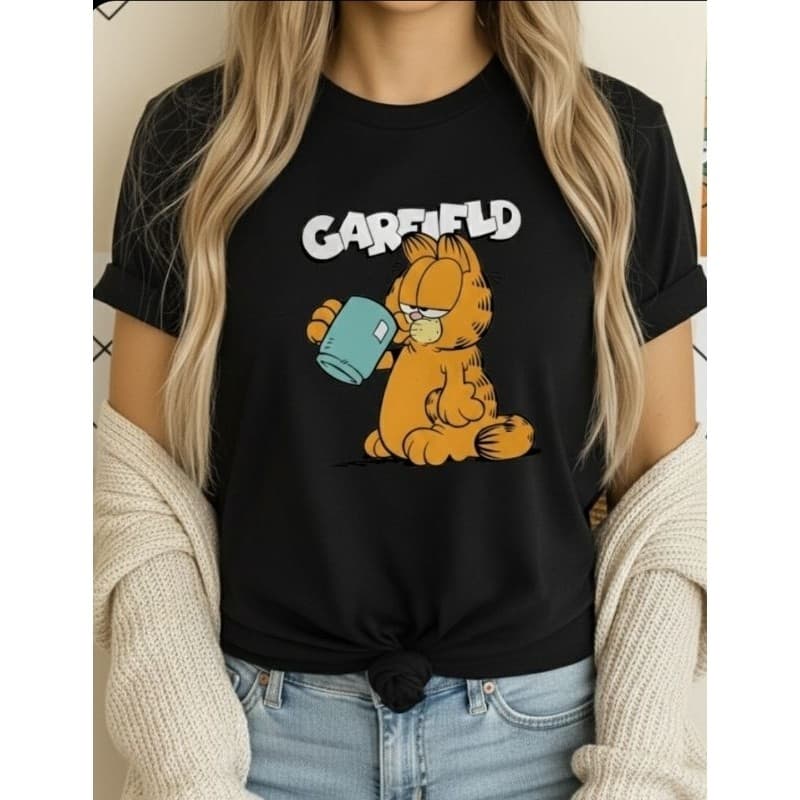 T-Shirt Blusinha Feminina Manga Curta 100% Algodão Estampa Garfield Camiseta Modelo Baby Look