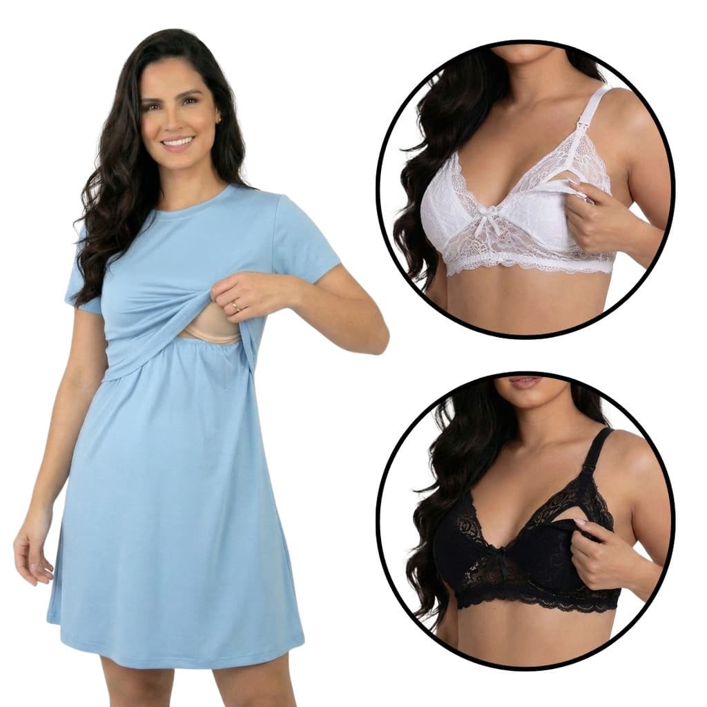 Kit Vestido + Sutiã Amamentação Gestante Maternidade Abertura Frontal Pós Parto Confortável