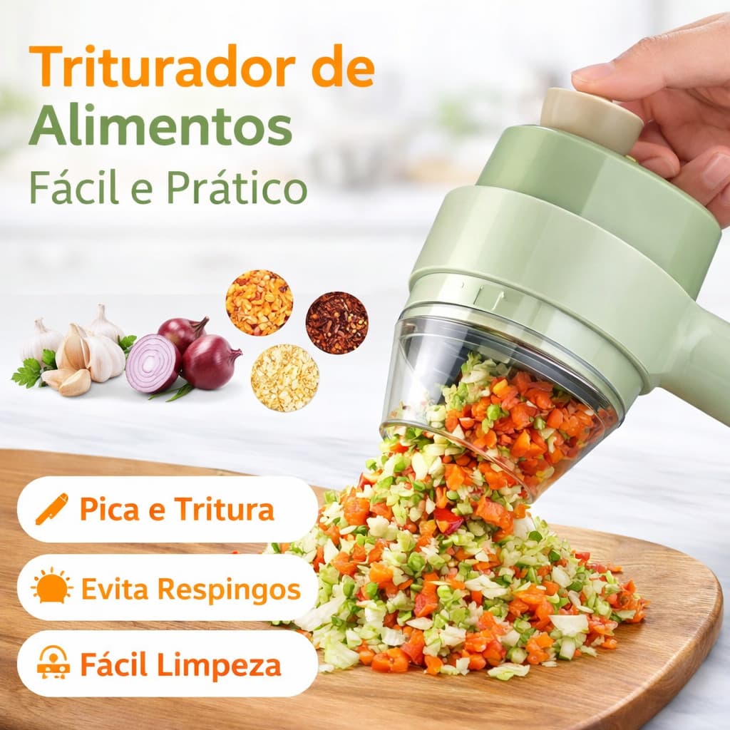 Triturador Elétrico de Alimentos 4 em 1 Sem Fio Cortador de Legumes e Alho USB
