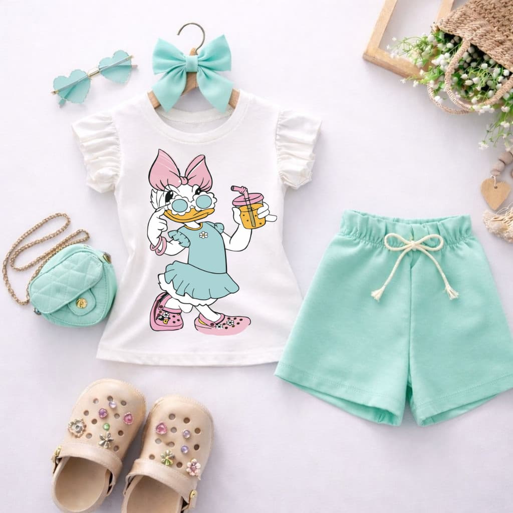 Conjunto Infantil Menina Patinha Margarida Estilosa Blusa Manga Babado + Short | Cores Variadas