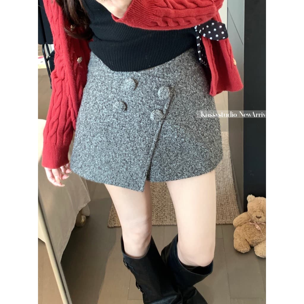 Xiaoxiang estilo cinza claro a linha de lã saia curta feminina outono inverno quente menina Irregular Hip saia estilo cu