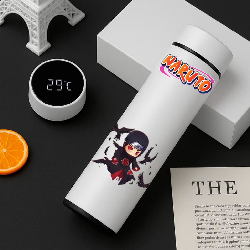 Garrafa Térmica Inox Itachi Uchiha Infantil 500Ml Com Termometro Led Digital Anime Naruto