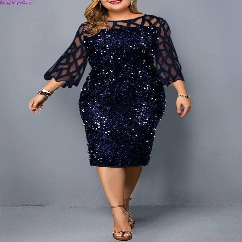 Plus Size P-5XG Vestido Feminino Festa Noite Elegante Temperamento Malha Slim Manga Longa Lantejoulas Vestidos