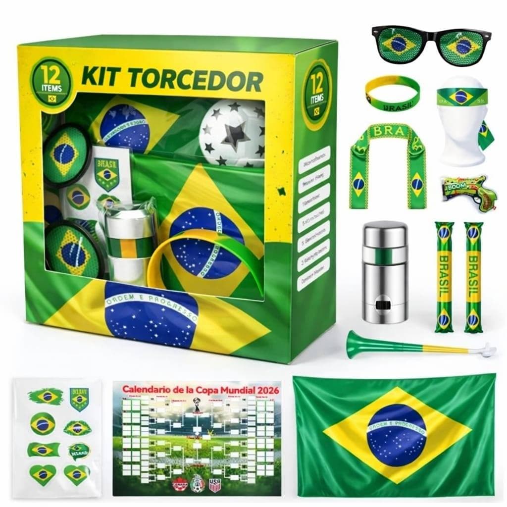 kit Torcedor Bandeira Brasil Copa 2026 Kit Com 12pçs Adesivo Trompete Pintura Facial ENVIO IMEDIATO