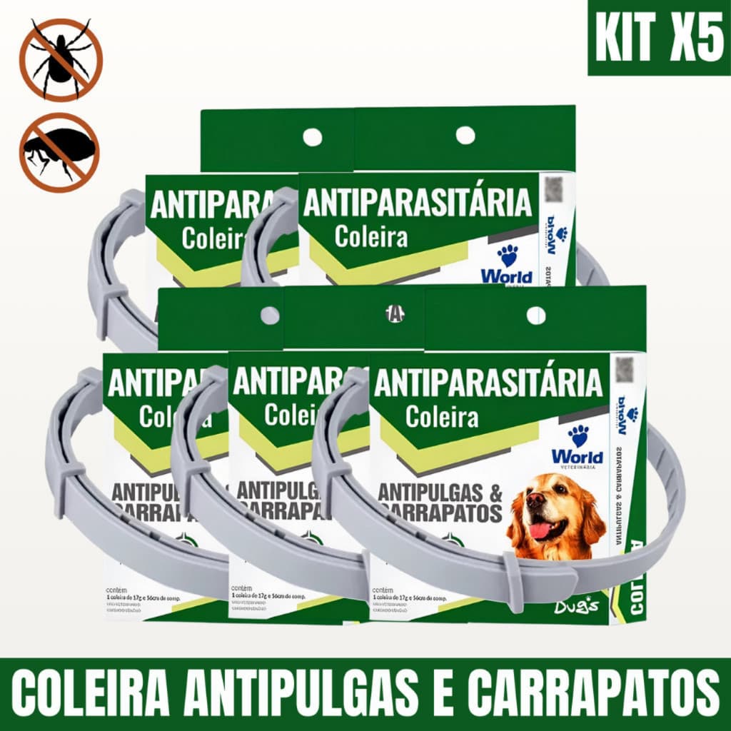5 Coleiras Dugs Contra Pulgas e Carrapatos World Veterinária Antiparasitaria Cães