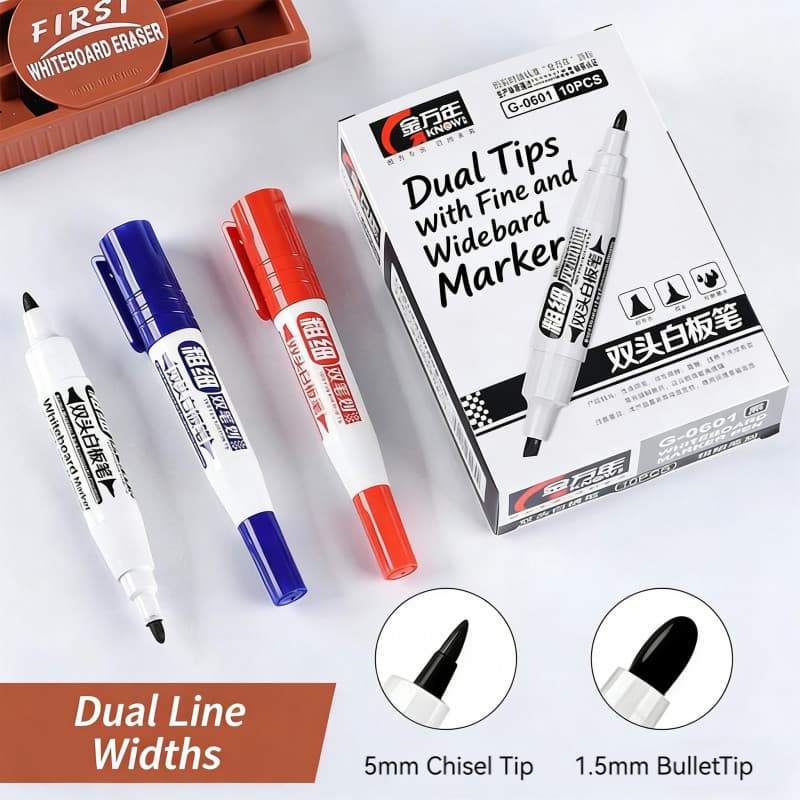 Jin Wannian Caneta para quadro branco de duas cabeças Fácil de apagar Espessura Caneta dupla Escritório Reunião Ensino D