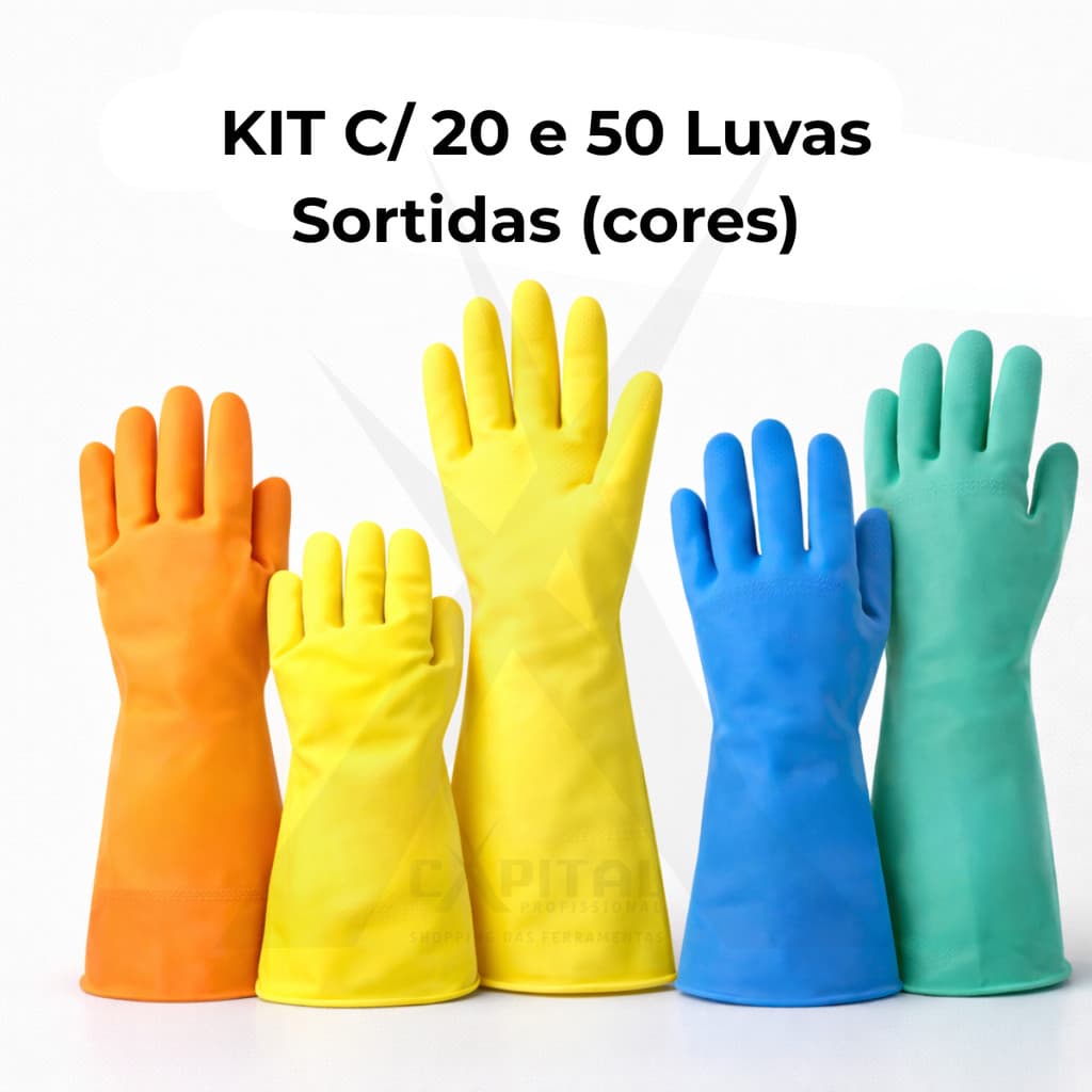 Kit 20 e 50 Pares Cores Sortidas de Luva Multiuso - Latex para Limpeza Domiciliar e Profissional