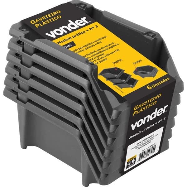 Gaveteiro Plástico Jogo Com 6 Peças Modelo Prático nº 3 Preto VONDER