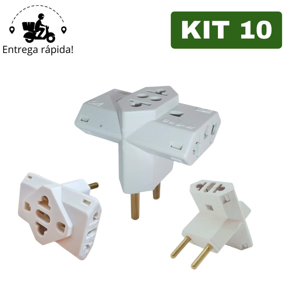 Adaptador de Tomada T Benjamin Universal Resistente com 3 Entradas Bivolt 10A e 20A MC