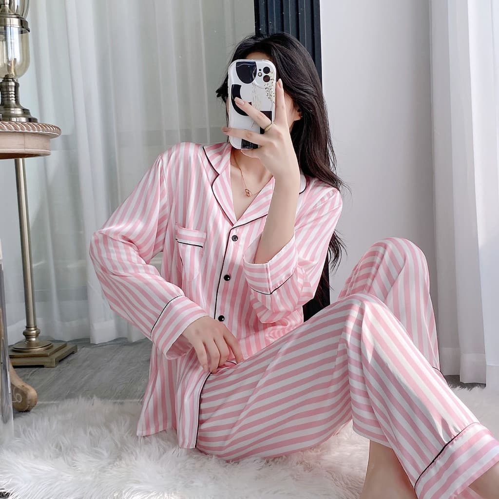 Conjunto de pijama feminino de manga comprida, cardigã, moda coreana, estampa listrada, seda gelada, jaqueta fina