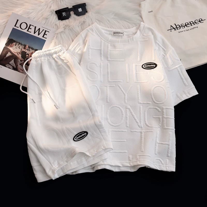 Camiseta de manga curta masculina terno verão Waffle Shorts soltos esportes casuais masculino 2025 tendência verão