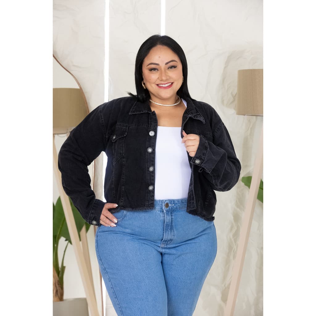 Jaqueta Jeans Plus Size Feminina Cropped Com Elastano Botões G1 G2 G3 G4 Clara Chumbo Moda Casual