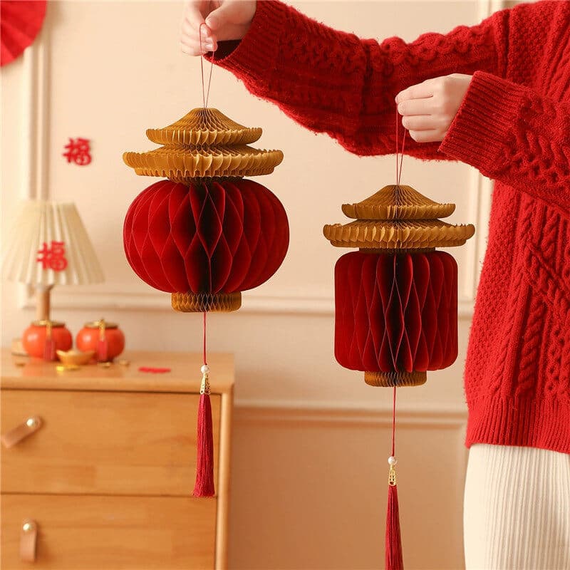 Decorações De Ano Novo Lunar Chinês Lanternas De Papel Vermelho Bolas De Favo De Mel Penduradas Com Borlas , Suprimentos