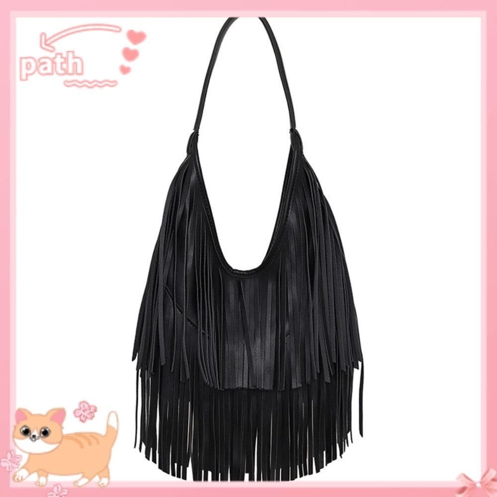 Bolsa De Ombro PATH , Couro PU Com Design De Corpo Cruzado E Borlas Longas , Sacola Estilo Hobo