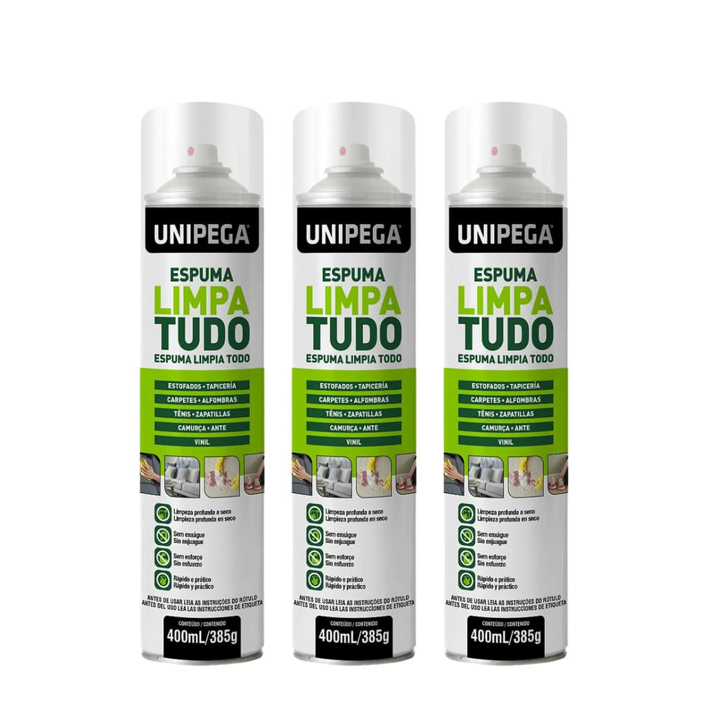Kit 3 Espuma Limpa Tudo Unipega 400ml Limpador Multiuso Estofados Tênis Automotivo