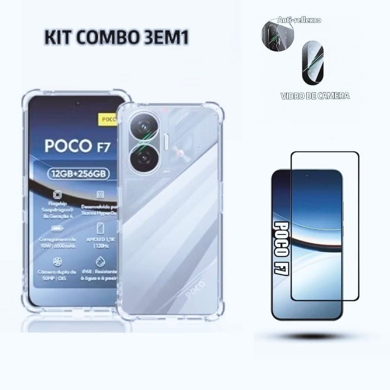 Capa Anti Impacto Xiaomi Poco F7 com Película Vidro 3D e Película Vidro Câmera