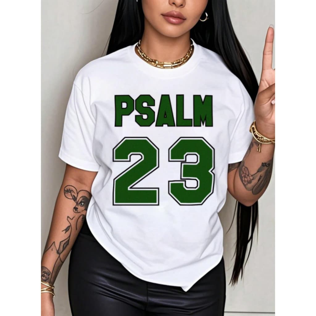 Camiseta Folgada Feminina Casual Plus Size Em Algodão Puro Com Estampa Verde Do Salmo 23