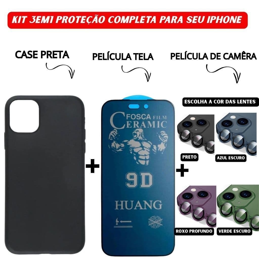 Kit Case Preto + Película Cerâmica Fosca Anti-Espião + Proteção Câmera Colorida iPhone 11 13 14 15 16 Pro Max
