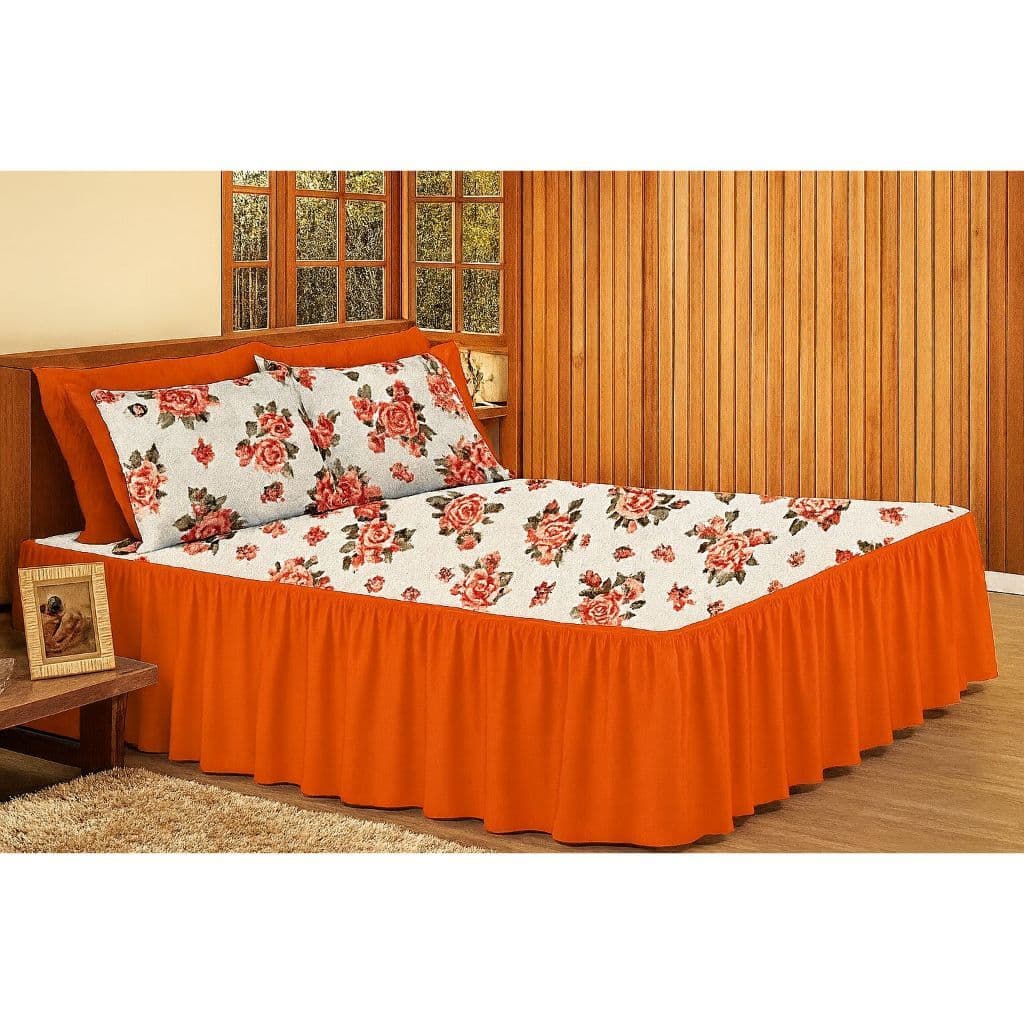 Colcha Cobre-Leito Casal com Saia + 2 Porta-Travesseiros – Estampa Floral | babado liso