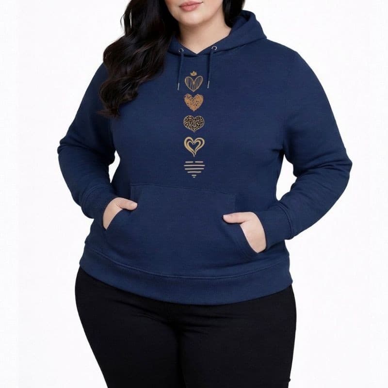 Moletom Canguru Feminino Estiloso Plus Size G1 ao G5 Estampa Corações Flanelado Quentinho com Capuz e Bolso