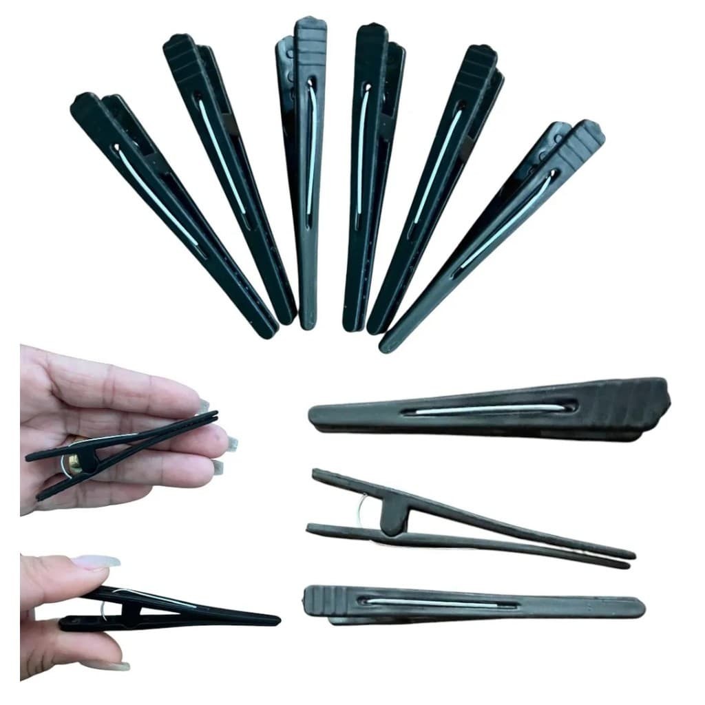 Kit Clips Profissionais para Cabelo Preto 12 Peças Resistentes de Plástico