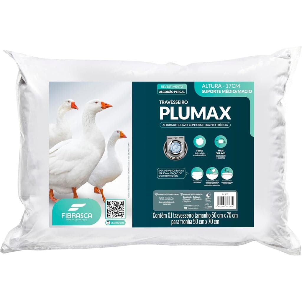 Travesseiro Super Macio Toque De Plumas Regulagem De Altura Plumax Percal Fibrasca Cor Branco