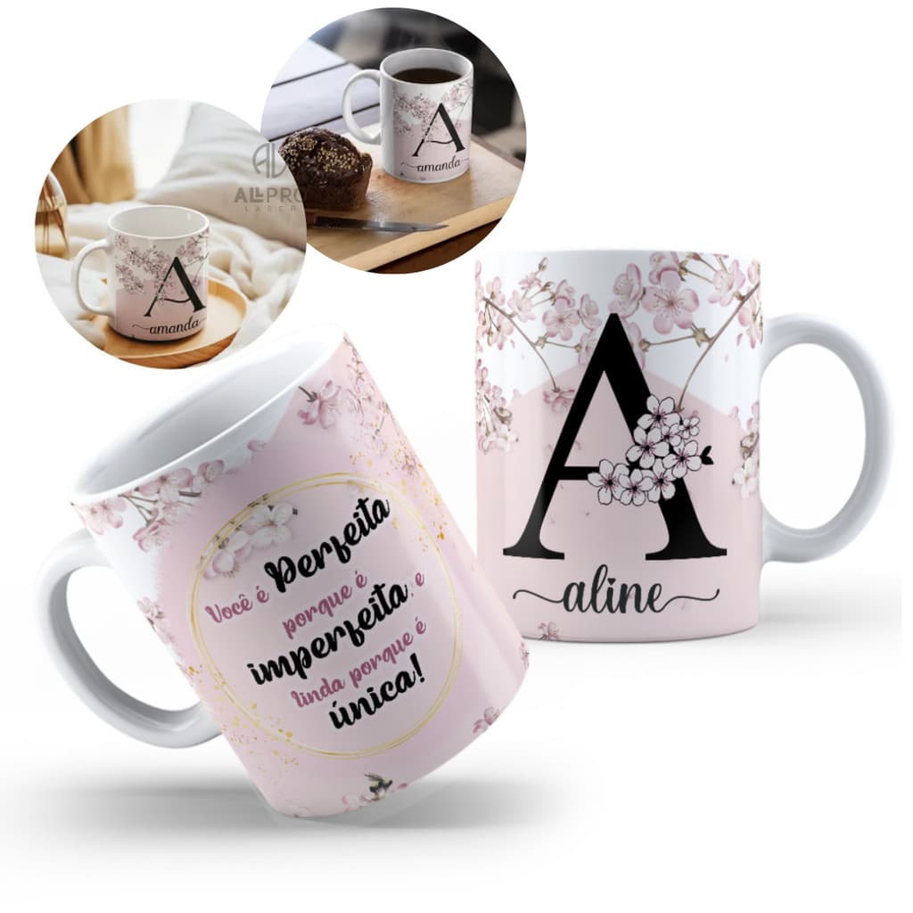 Caneca Xicara Personalizada Nome Floral Cerejeira Envio Imediato