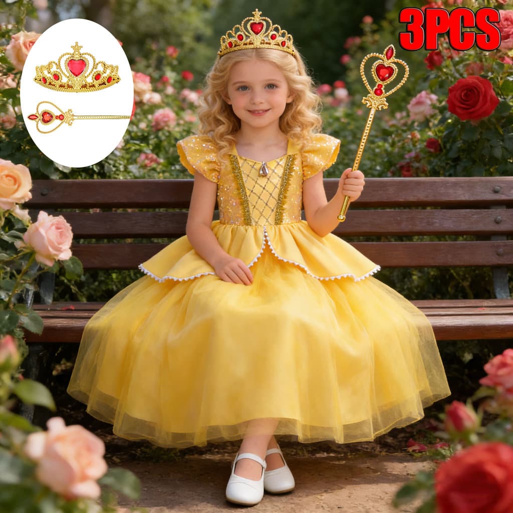 Belle Princess Dress Vestido De Luxo Infantil , Coroa , Varinha Mágica , Conjunto De Três Peças , Fantasia De Carnaval