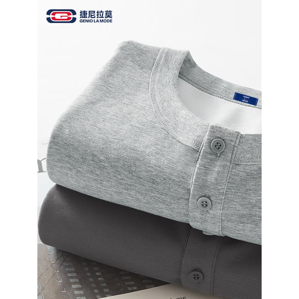 GENIOLAMODE Camiseta básica de manga comprida masculina 2025 inverno novo estilo gola Henry solta Commuter Bottoming Top