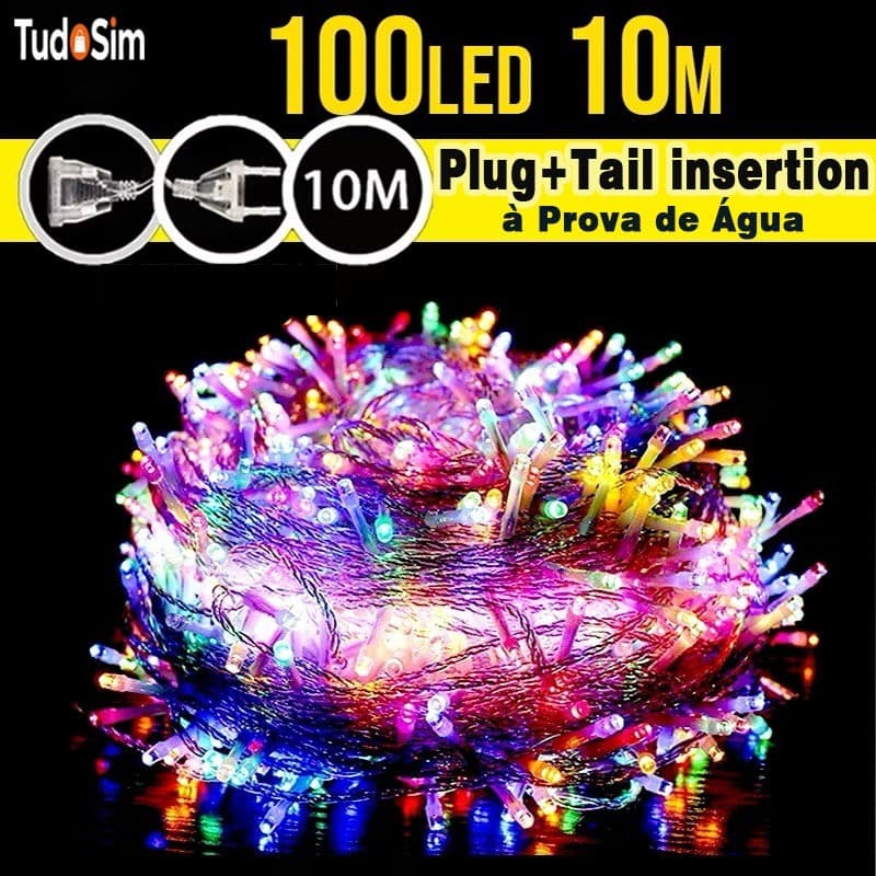 110v Cordão de Luz Natal Pisca Pisca 100 Led 10m 8 Funções Fio Transparente Suporta encaixe Decoração Casa e Festa