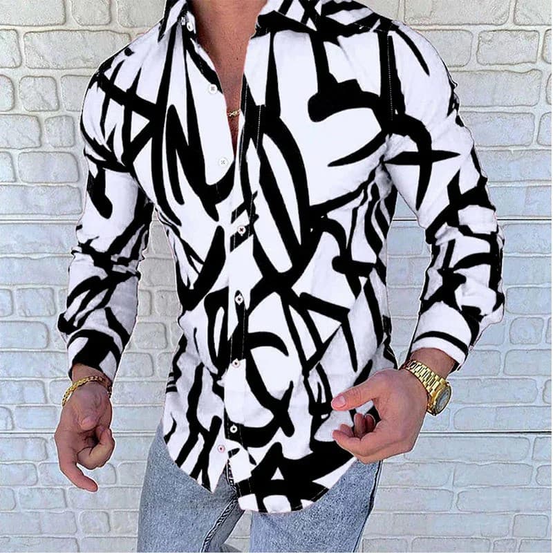 Camisa masculina casual versátil de outono, estilo streetwear, com lapela, de botões frontais, de corte irregular e mang