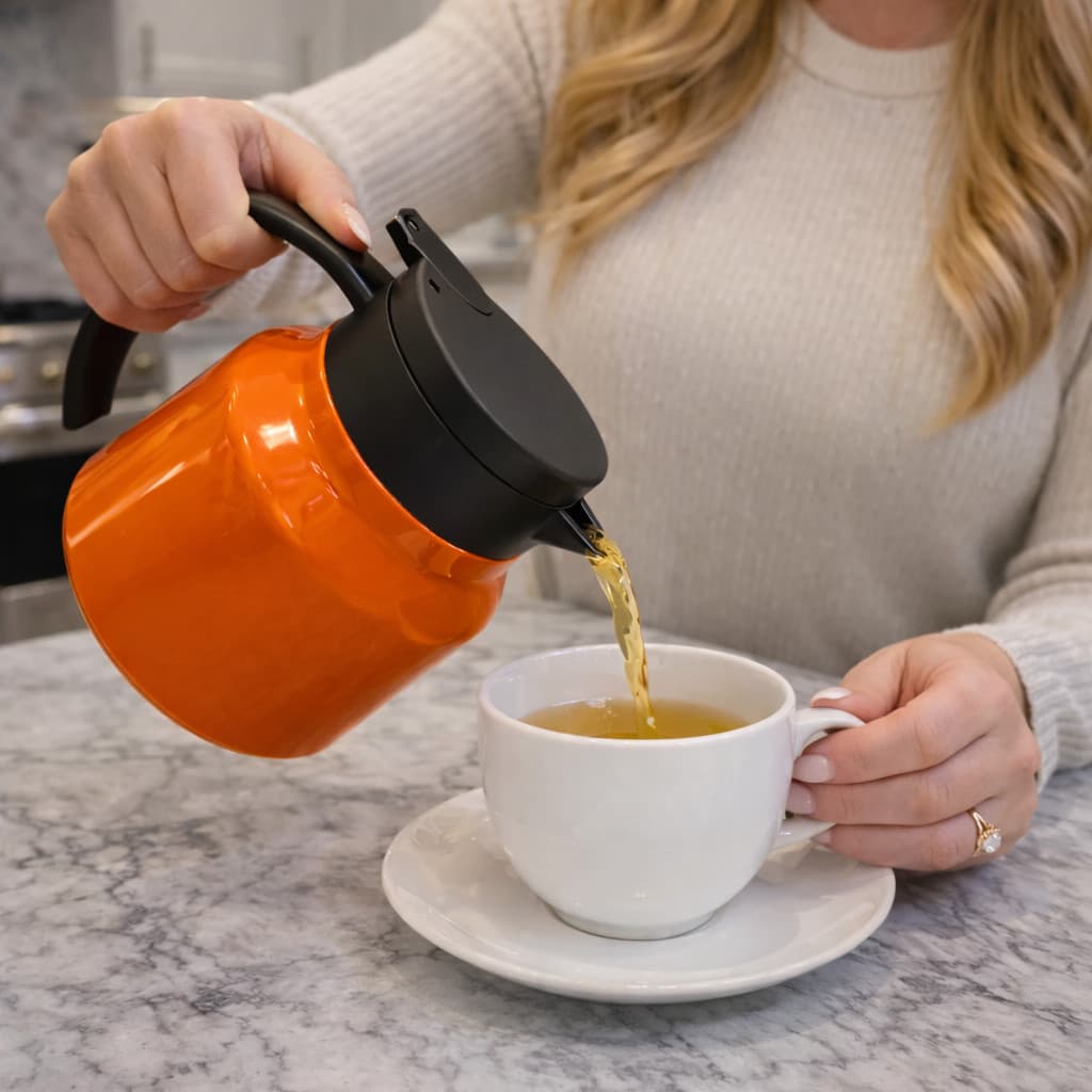GARRAFA BULE TÉRMICO LARANJA EM AÇO C/ CABO E TAMPA PLÁSTICOS, 800ML - COM INFUSOR PARA CHÁS