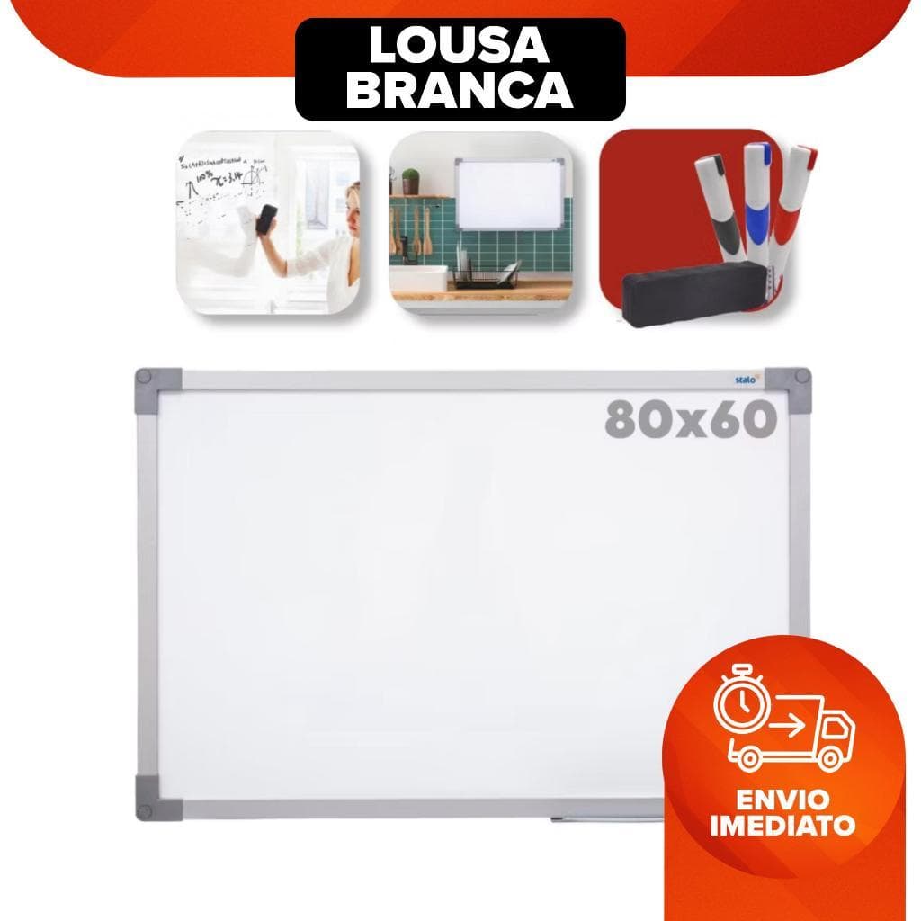 Lousa Branca Quadro branco 80x60cm moldura aluminio com BRINDES apagador e 2 caneta