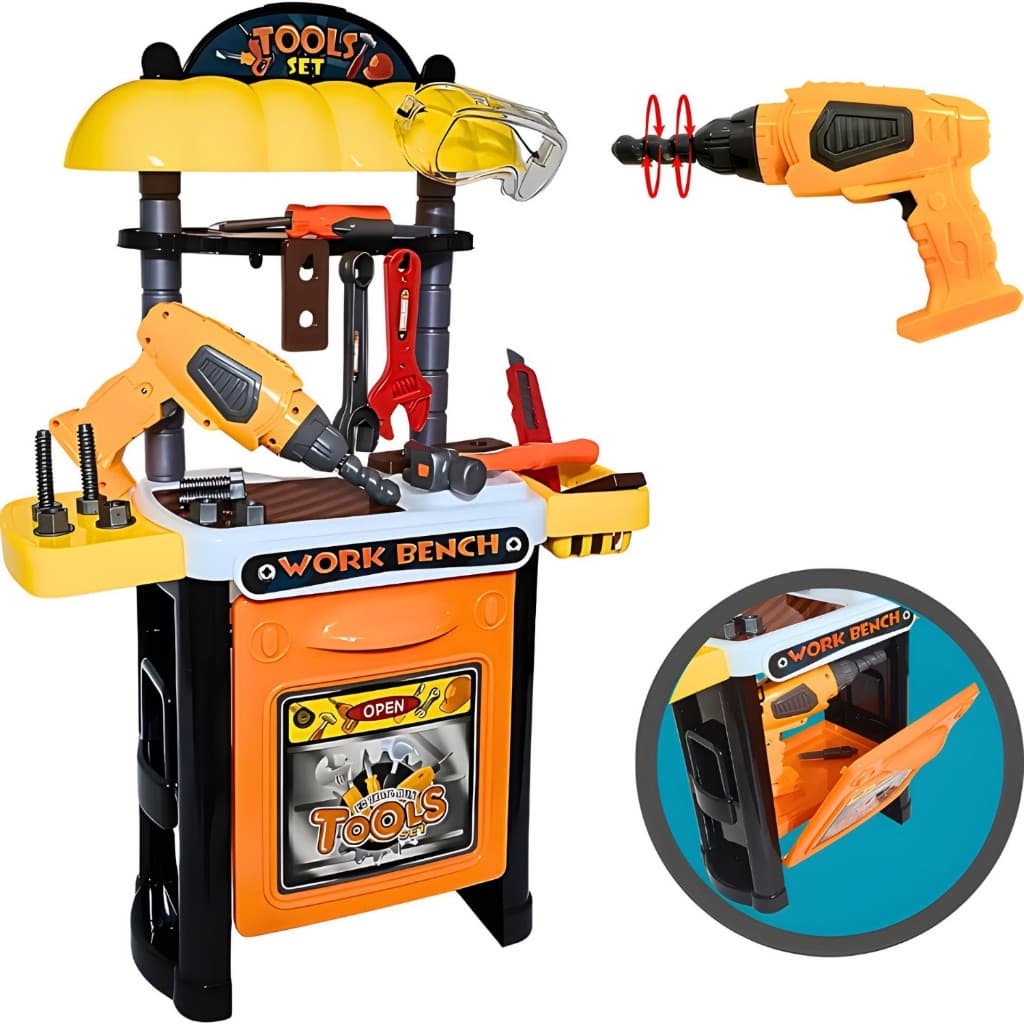 Brinquedo Bancada de Ferramentas Infantil Oficina Mecânica 67cm com Parafusadeira Elétrica Kit Ferramentas Criança