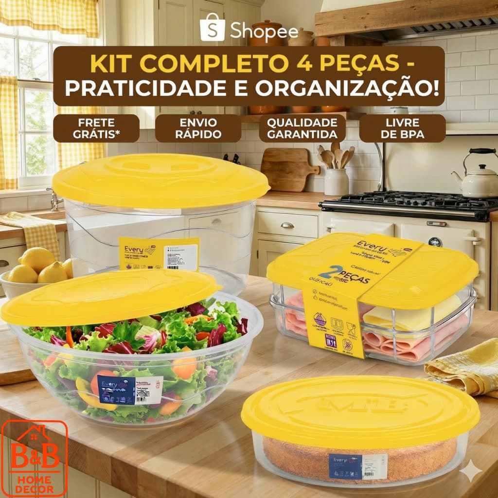 Kit Porta Mantimentos 4 Peças Premium + Porta Frios Duplo + Saladeira + Torteira