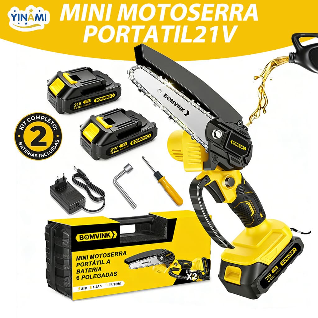 Mini Motosserra Elétrica Bomvink 1200w Bivolt com 2 Baterias para Podar