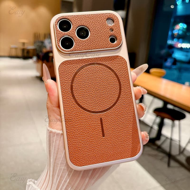 Transforme-Se Instantaneamente No iPhone 17 Capa Magnética Adesiva Com Padrão De Lichia Para 17 16 15 14 13 ProMax Prote