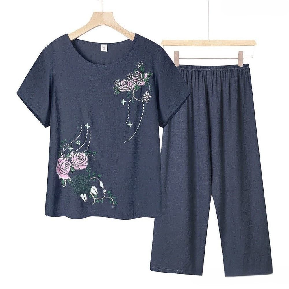 Conjunto De Roupa De Algodão E Linho Plus Size Feminino Com Estampa De Manga Curta + Calça Larga