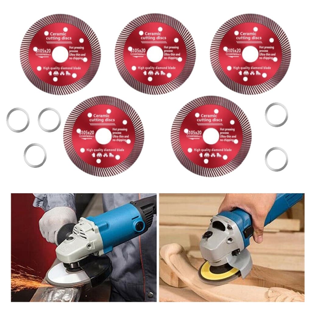 Kit 5 Discos de Corte Diamantado Super Fino Ondulado Alta Qualidade 105/110mm 20mm 1,2mm Porcelanato com Anel Adaptador