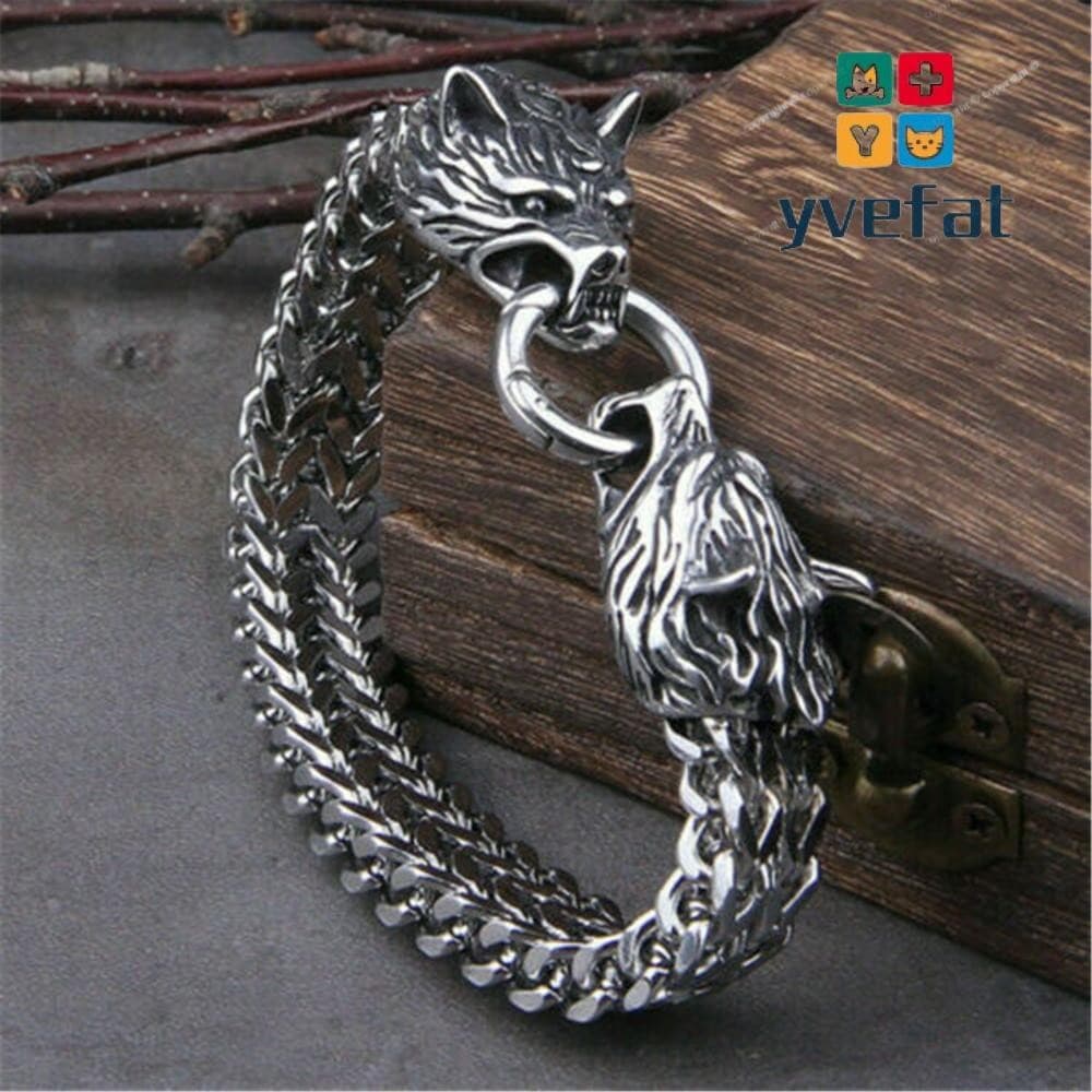 YVETTE Bracelet Moda Wolves Pulseira De Aço Inoxidável Homens Cabeça Cadeia De Fecho Do Anel Retro Decoração Viking
