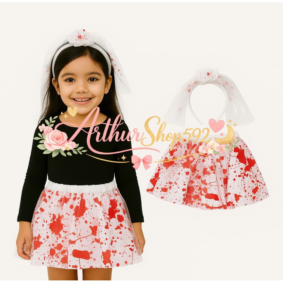 (V)Fantasia Infantil Halloween Noiva Zumbi com Tiara e Véu 🩸👰MFG8